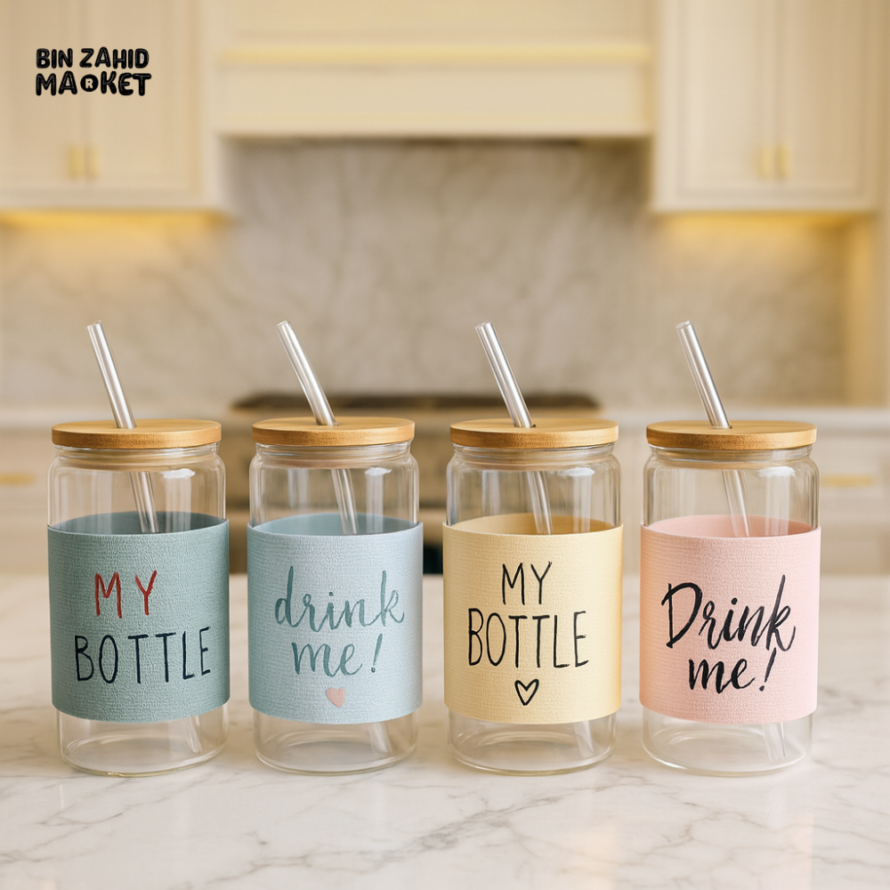 GLASS TUMBLER WITH BAMBOO LID & STRAW – PASTEL SLEEVE DESIGN 450 ML