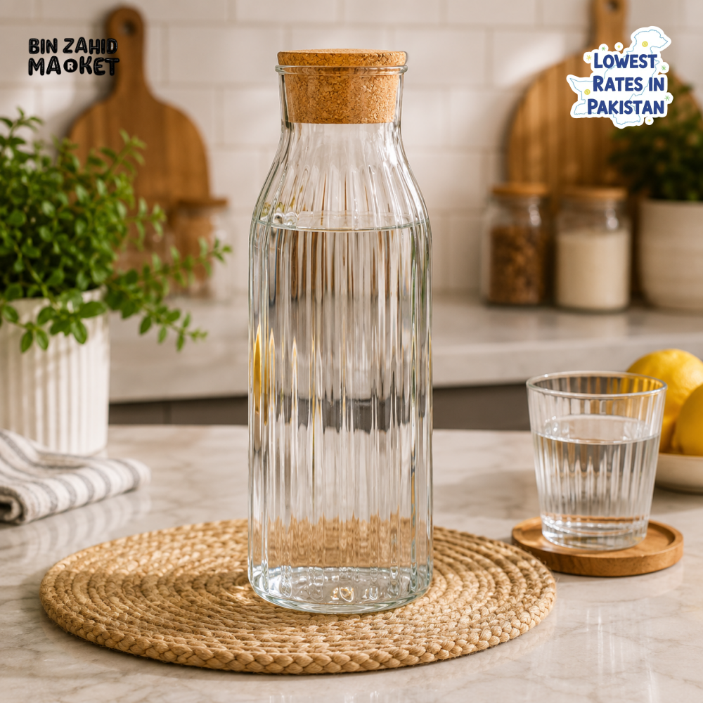 RIBBED GLASS WATER BOTTLE WITH CORK LID - VERTICAL RIBBED