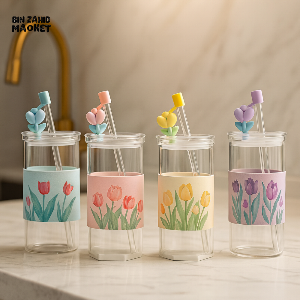 GLASS WATER CUP WITH STRAW & AIRTIGHT LID – FLOWERS SERIES 410 ML