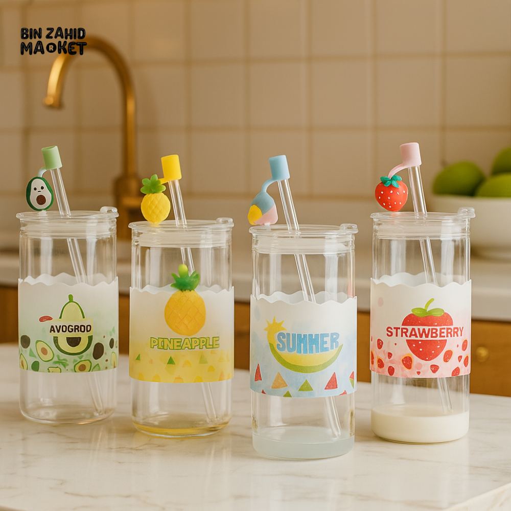 GLASS WATER CUP WITH STRAW & AIRTIGHT LID – FRUIT SERIES 410 ML