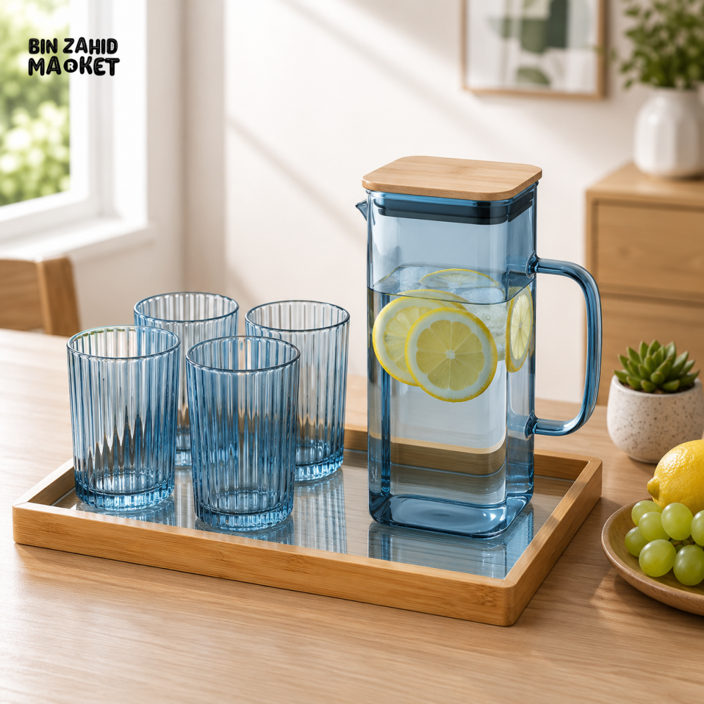GLASS WATER PITCHER SET WITH 4 RIBBED GLASSES & BAMBOO TRAY - BLUE