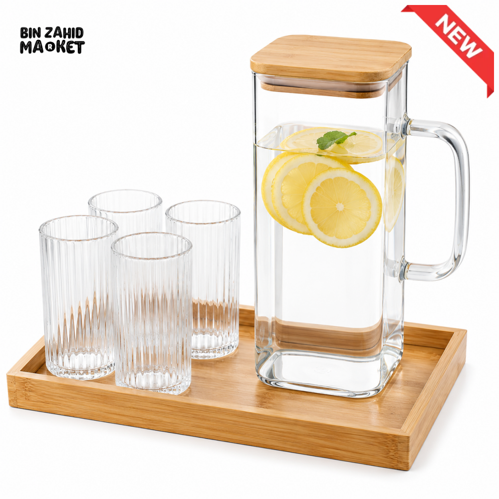 GLASS WATER PITCHER SET WITH 4 RIBBED GLASSES & BAMBOO TRAY - WHITE