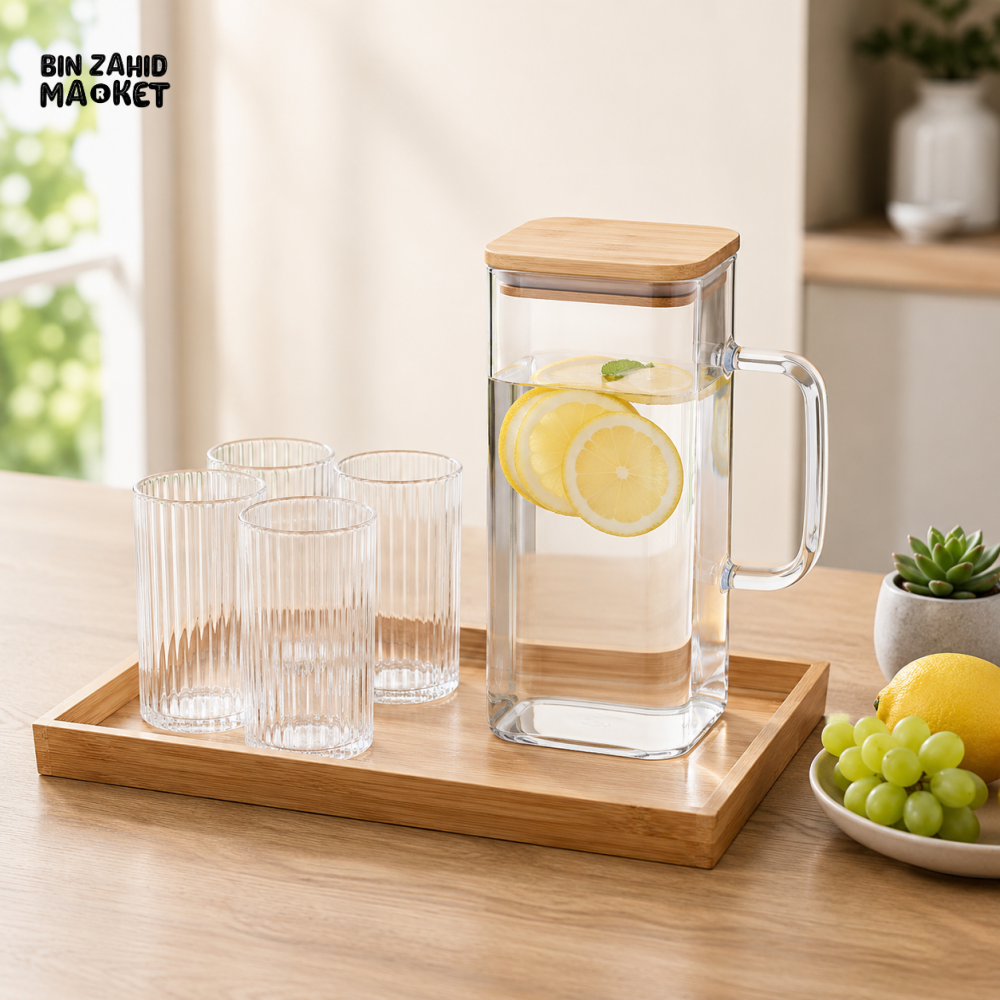 GLASS WATER PITCHER SET WITH 4 RIBBED GLASSES & BAMBOO TRAY - WHITE