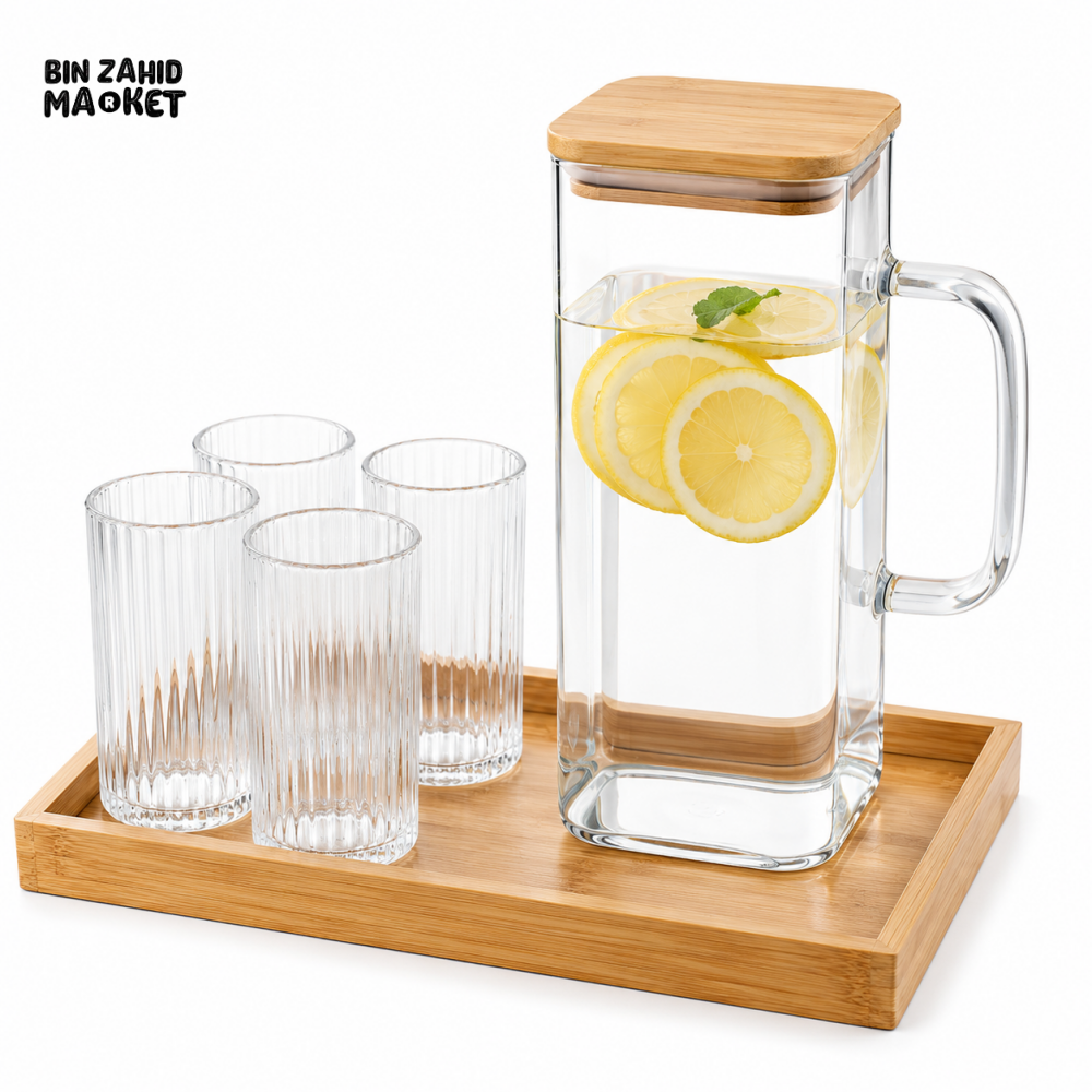 GLASS WATER PITCHER SET WITH 4 RIBBED GLASSES & BAMBOO TRAY - WHITE