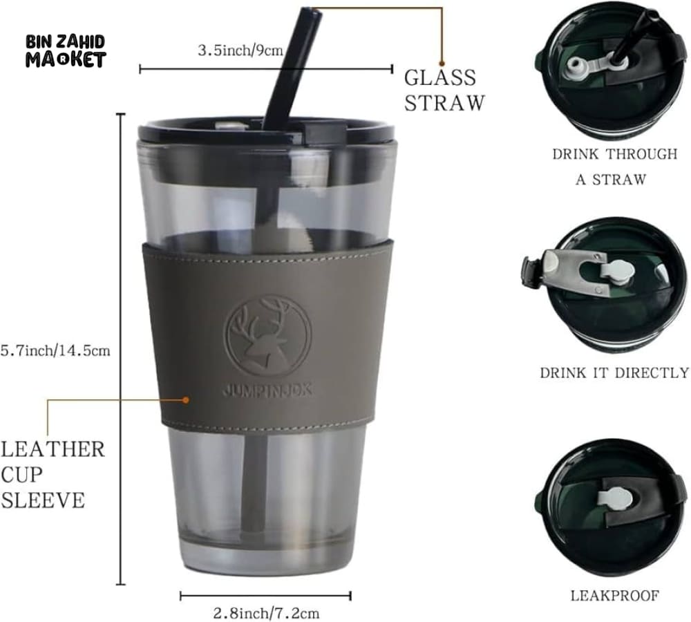 GLASSIUM DOUBLE WALL GLASS TUMBLER WITH LEATHER SLEEVE & STRAW