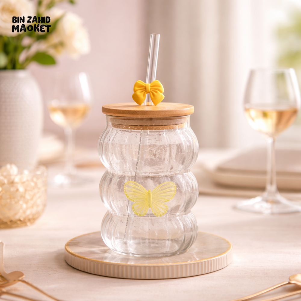 GLASSIUM DRINKING JAR WITH BAMBOO LID & STRAW – AURORA BUTTERFLY