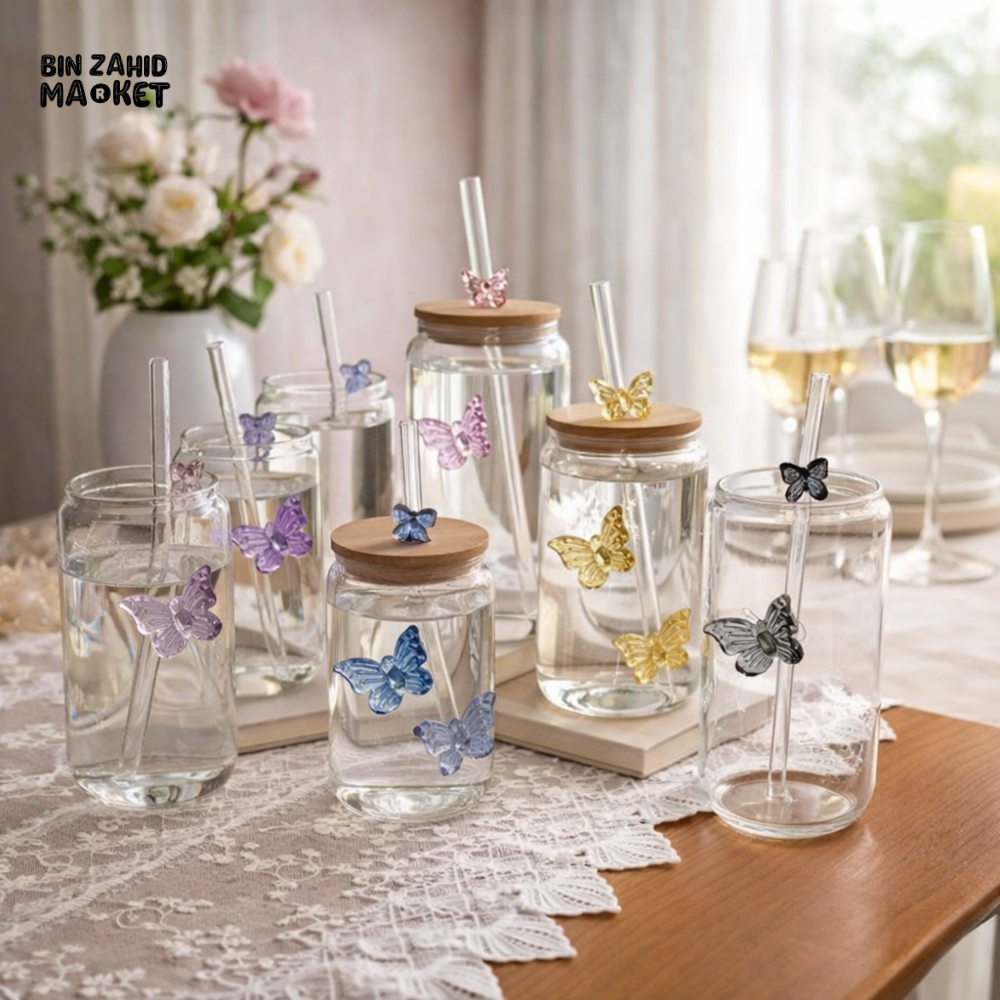 GLASSIUM DRINKING JAR WITH BAMBOO LID & STRAW - TWINS BUTTERYFLY