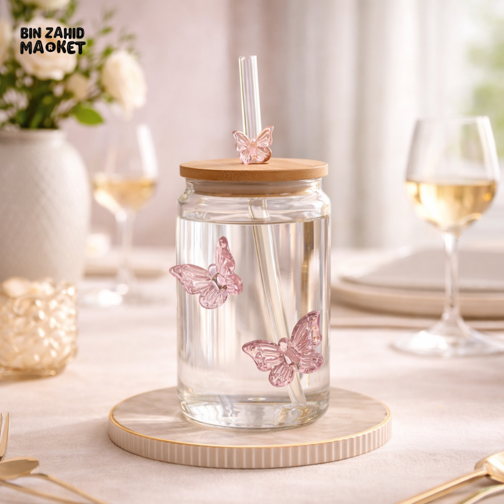 GLASSIUM DRINKING JAR WITH BAMBOO LID & STRAW - TWINS BUTTERYFLY