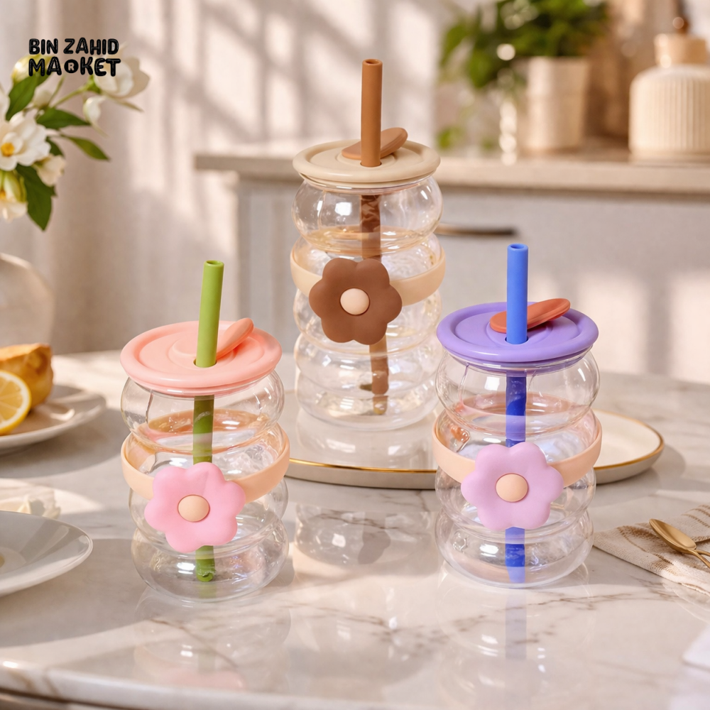 GLASSIUM FLOWER DESIGN DOUBLE WALL GLASS TUMBLER WITH STRAW