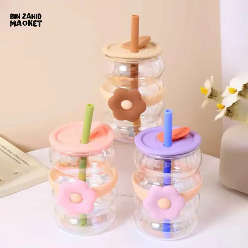 GLASSIUM FLOWER DESIGN DOUBLE WALL GLASS TUMBLER WITH STRAW