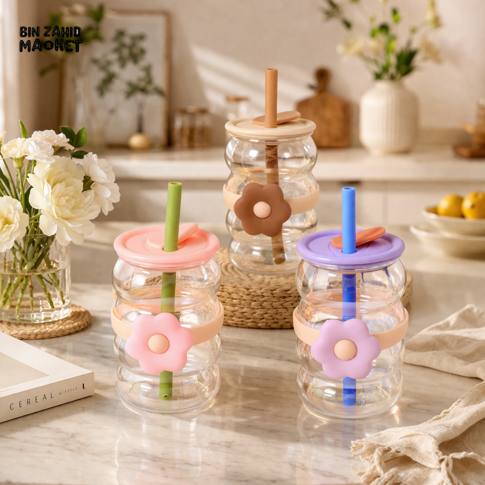 GLASSIUM FLOWER DESIGN DOUBLE WALL GLASS TUMBLER WITH STRAW
