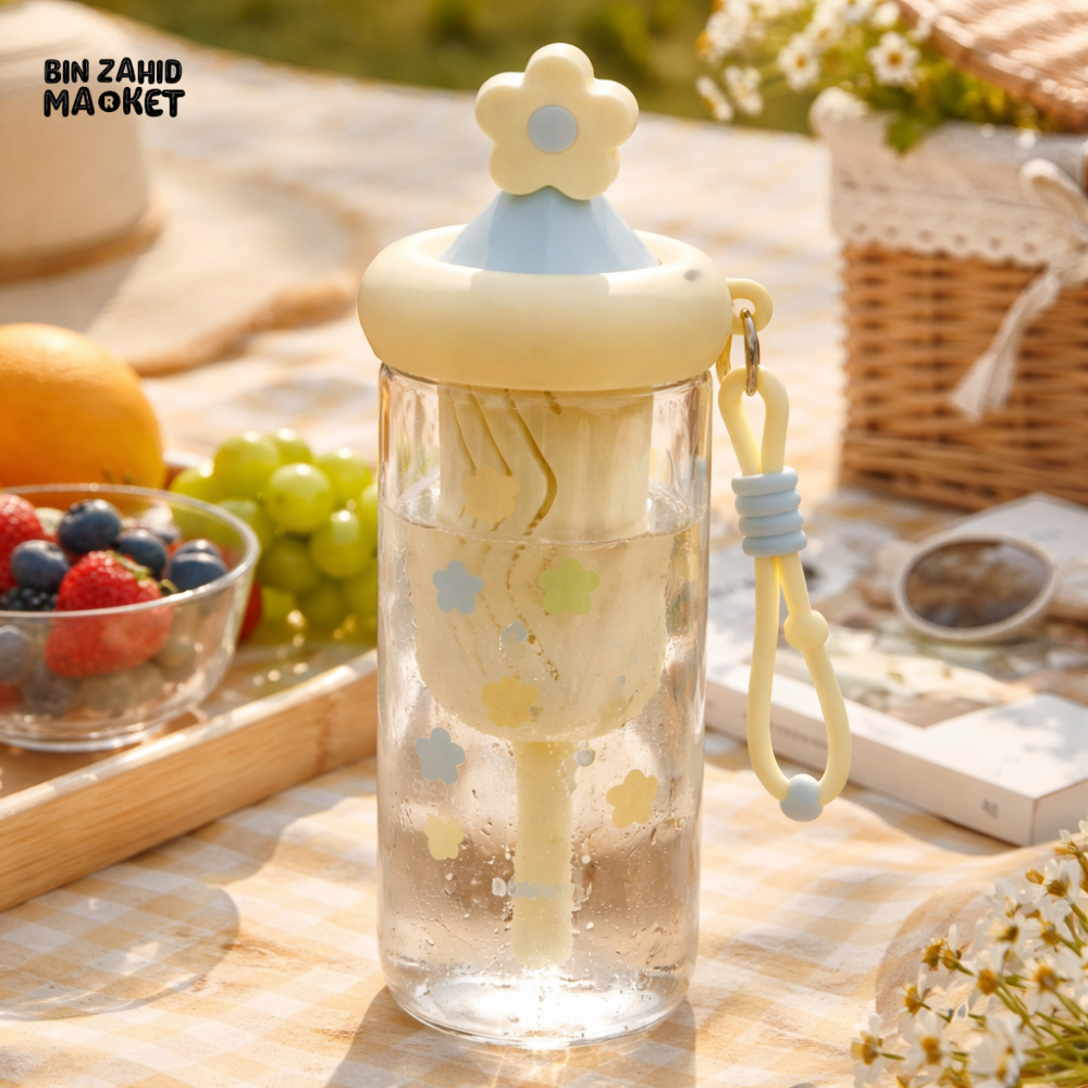 GLASSIUM FLOWER LID DOUBLE WALL GLASS TUMBLER WITH STRAW & HANDLE