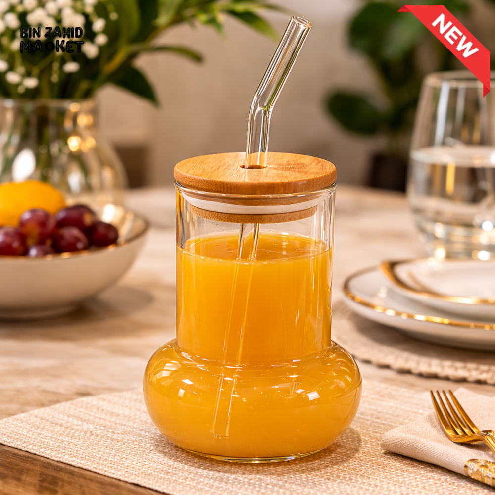 GLASSIUM GLASS JUICE CUP WITH BAMBOO LID & STRAW - BUBBLE BASE
