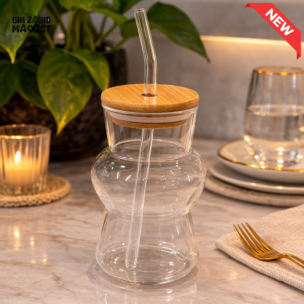 GLASSIUM GLASS JUICE CUP WITH BAMBOO LID & STRAW - DOUBLE BUBBLE