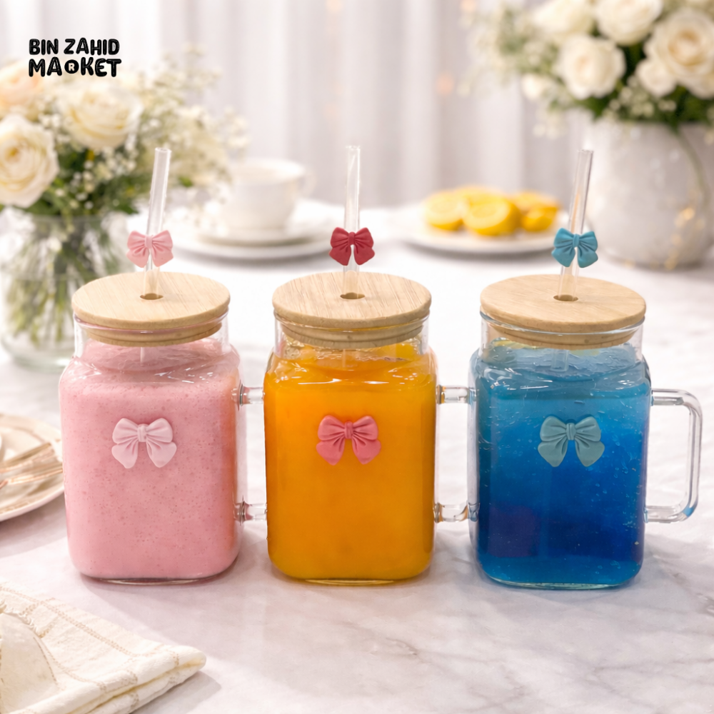 GLASSIUM LUXURY GLASS MASON JAR MUG WITH BAMBOO LID & STRAW 500ML