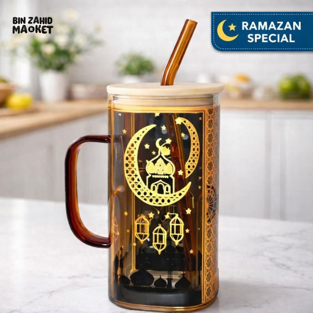GLASSIUM LUXURY IFTAR TABLE GLASS MUG WITH STRAW - 400ML