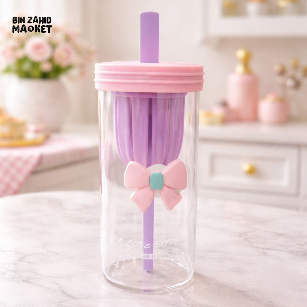 GLASSIUM PASTEL BOW DOUBLE WALL GLASS TUMBLER WITH STRAW