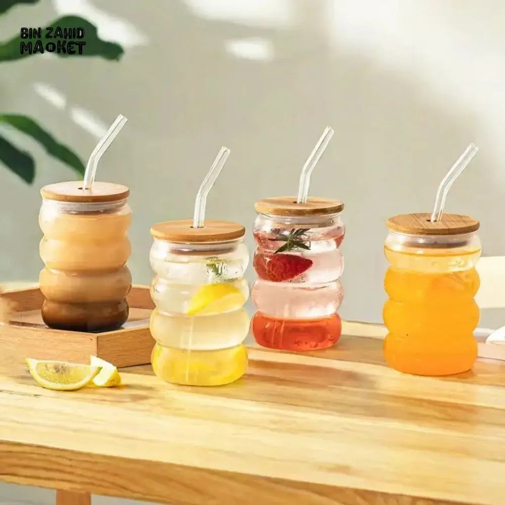 Creative Wooden Lid Glass Cup with Straw Bowtie Decor Wave Style Mug Microwave Safe Transparent Glass Drinkware for Women Girls