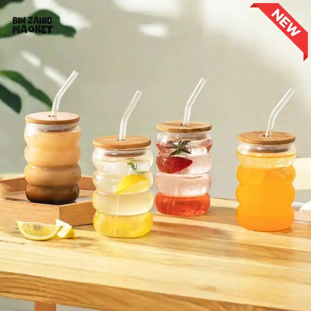 Creative Wooden Lid Glass Cup with Straw Bowtie Decor Wave Style Mug Microwave Safe Transparent Glass Drinkware for Women Girls
