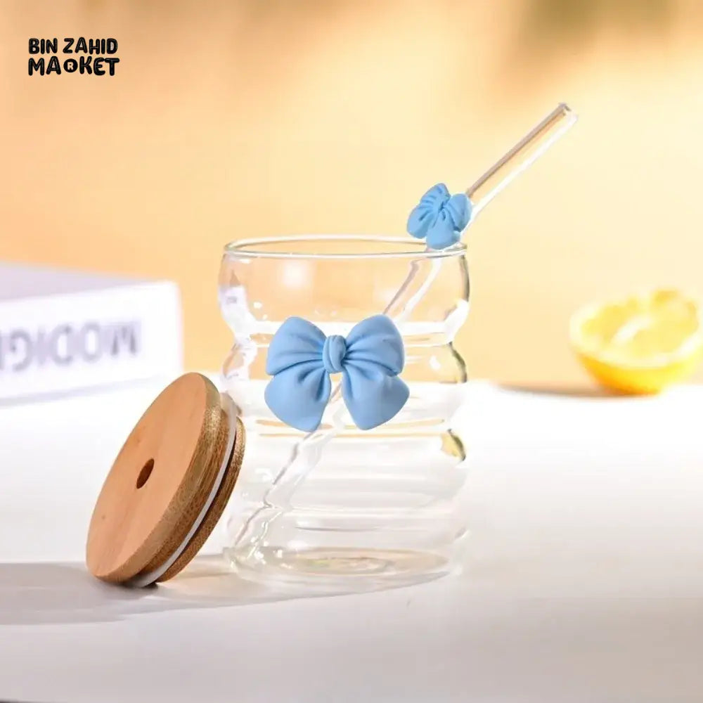 Creative Wooden Lid Glass Cup with Straw Bowtie Decor Wave Style Mug Microwave Safe Transparent Glass Drinkware for Women Girls