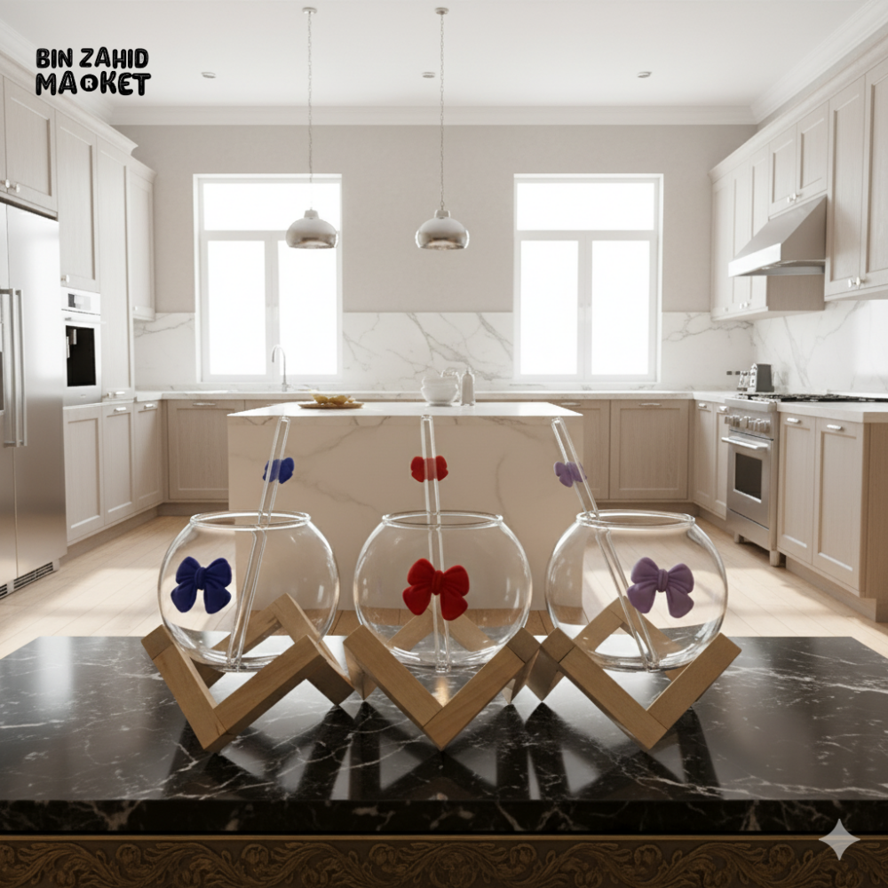 GLASSLUX BOW MUG WITH STRAW MUG ALONG BAMBOO BASE STAND