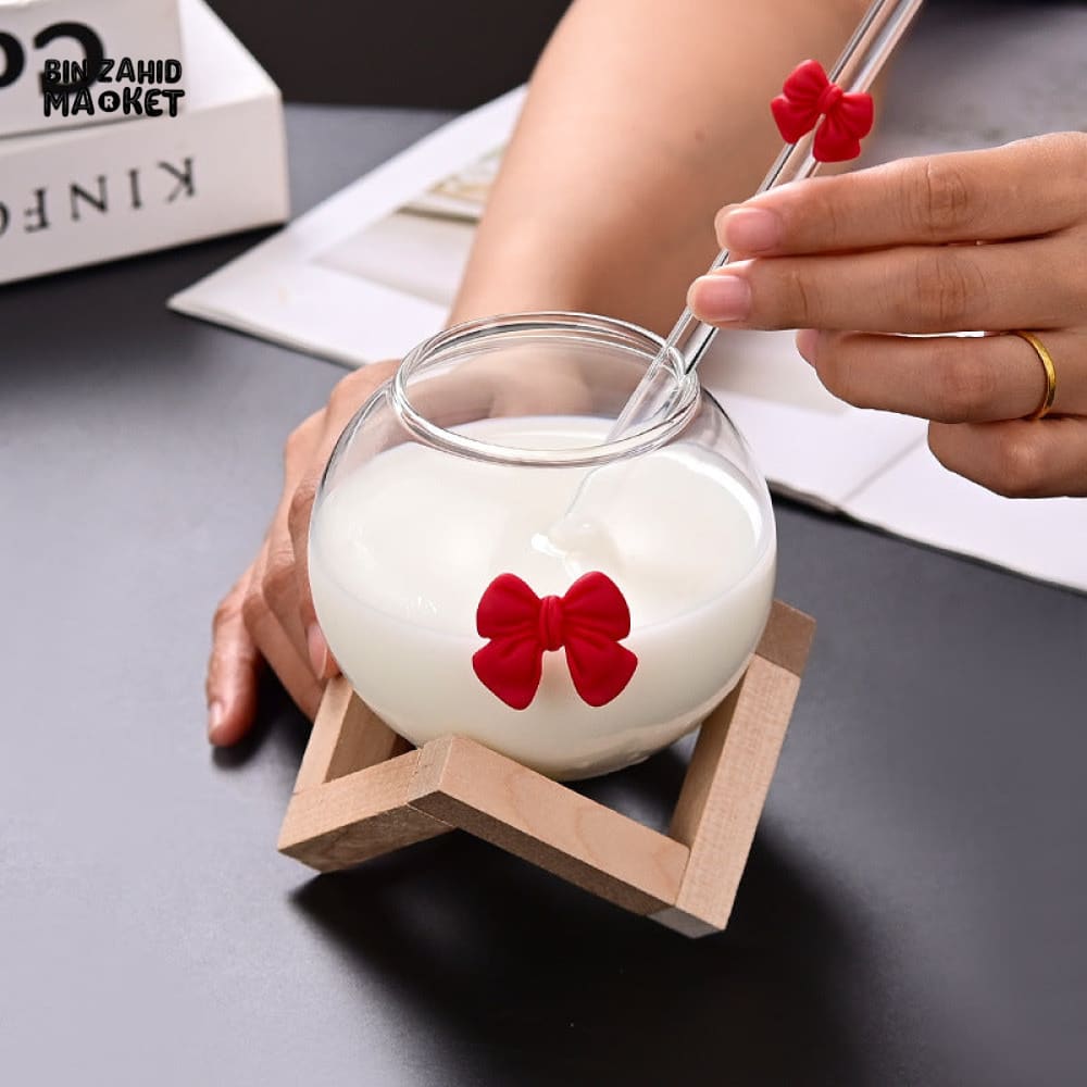 GLASSLUX BOW MUG WITH STRAW MUG ALONG BAMBOO BASE STAND