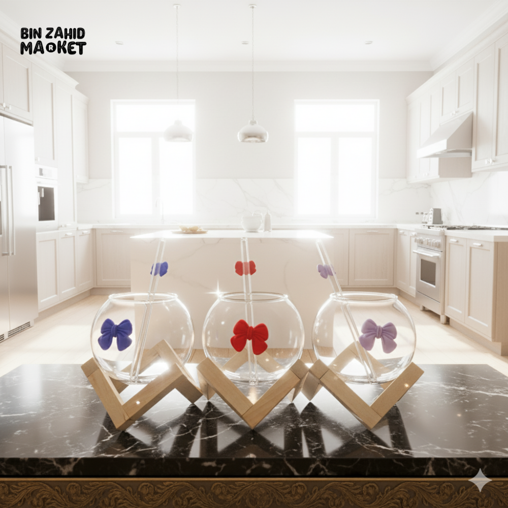 GLASSLUX BOW MUG WITH STRAW MUG ALONG BAMBOO BASE STAND