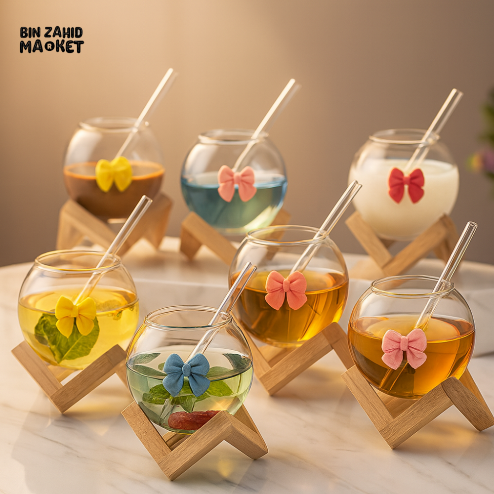 GLASSLUX BOW MUG WITH STRAW MUG ALONG BAMBOO BASE STAND