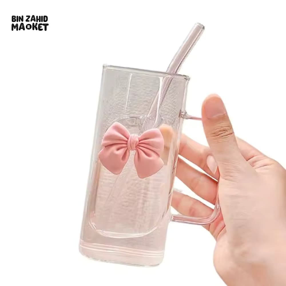 GLASSLUX BOW TUMBLER MUG WITH STRAW - 400ML
