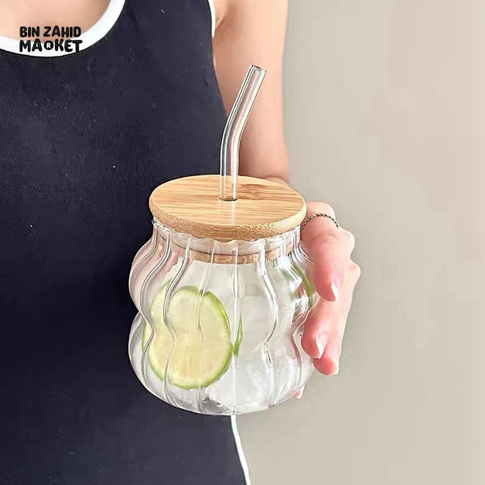 GLASSLUX REUSABLE GLASS CUP SET 350ML – BAMBOO LID GLASS STRAW FOR COLD DRINKS