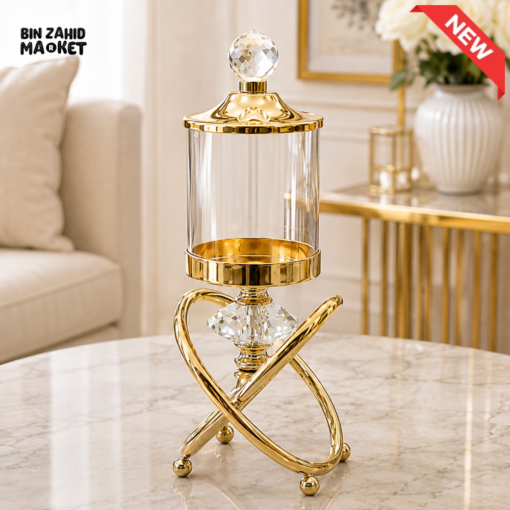 GOLD CRYSTAL DECORATIVE GLASS JAR WITH STAND - LARGE