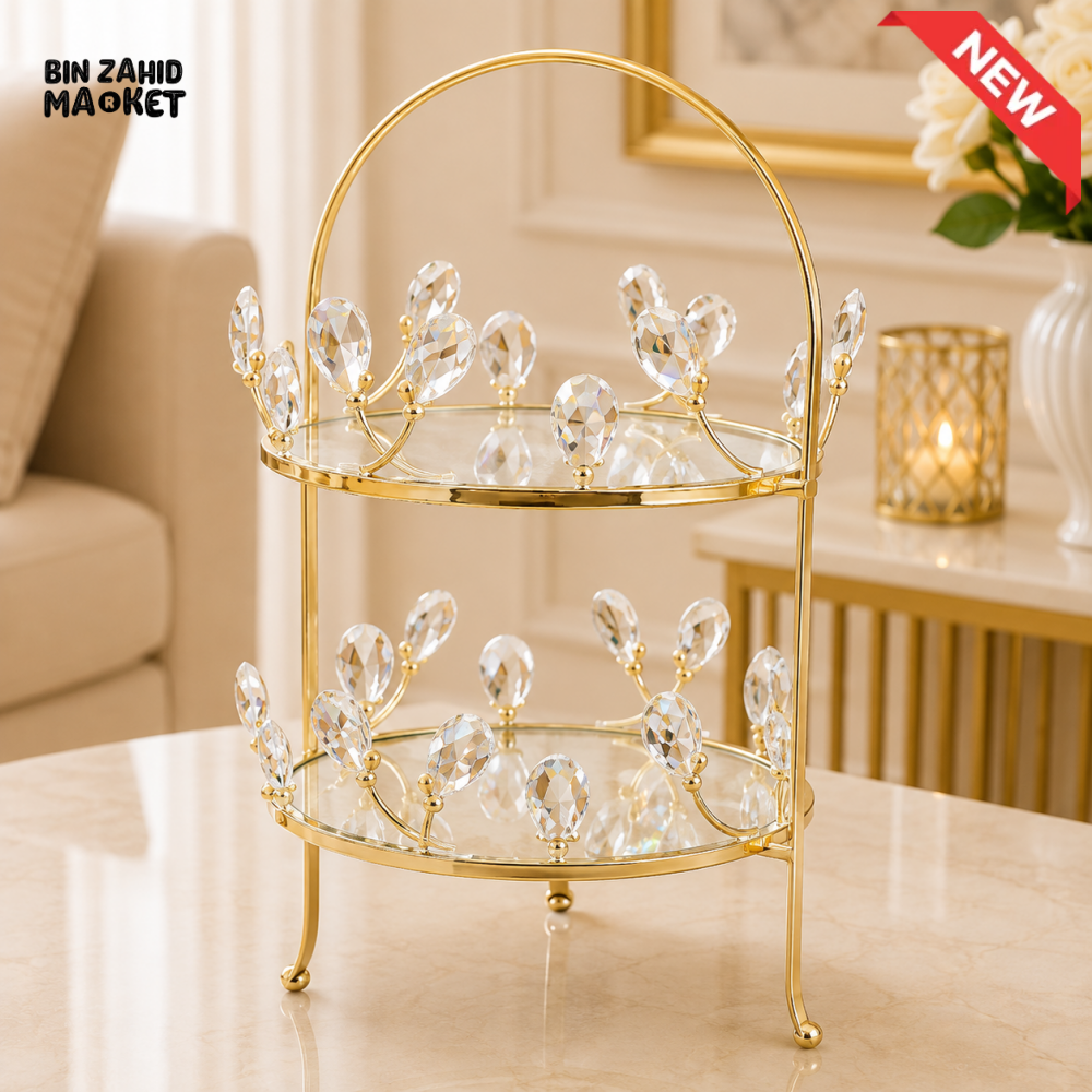 GOLD CRYSTAL LEAF 2-TIER MIRRORED DISPLAY STAND