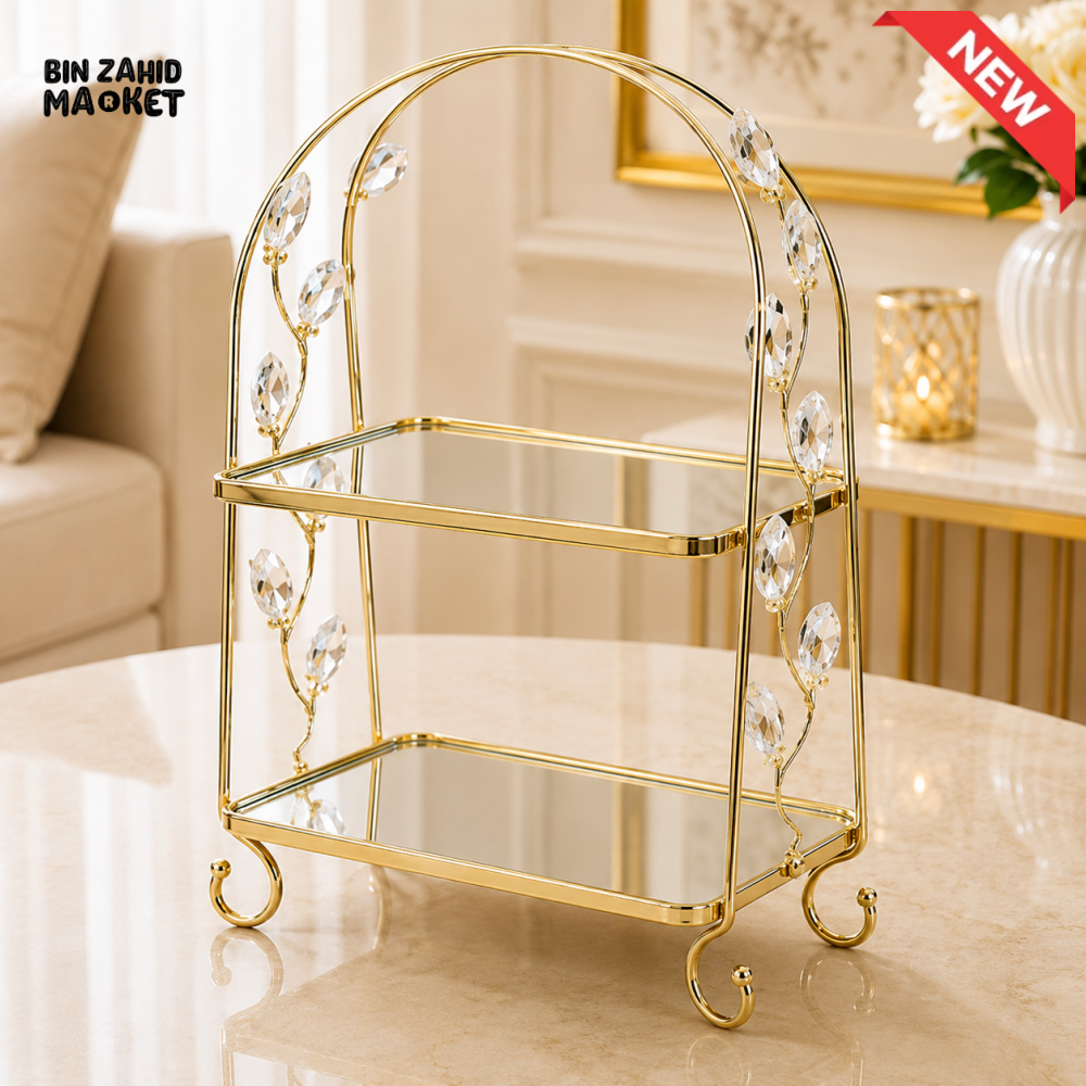 GOLD CRYSTAL LEAF 2-TIER MIRRORED DISPLAY STAND