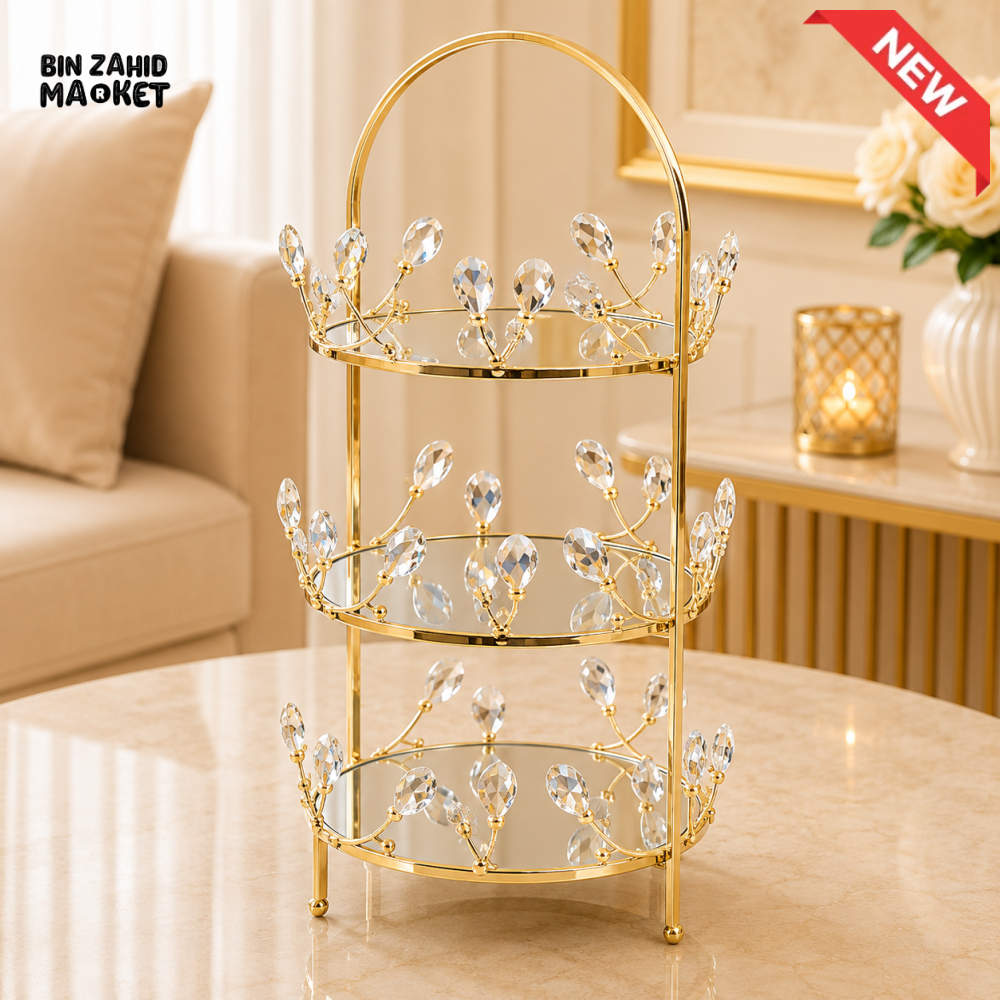 GOLD CRYSTAL LEAF 3-TIER MIRRORED DISPLAY STAND