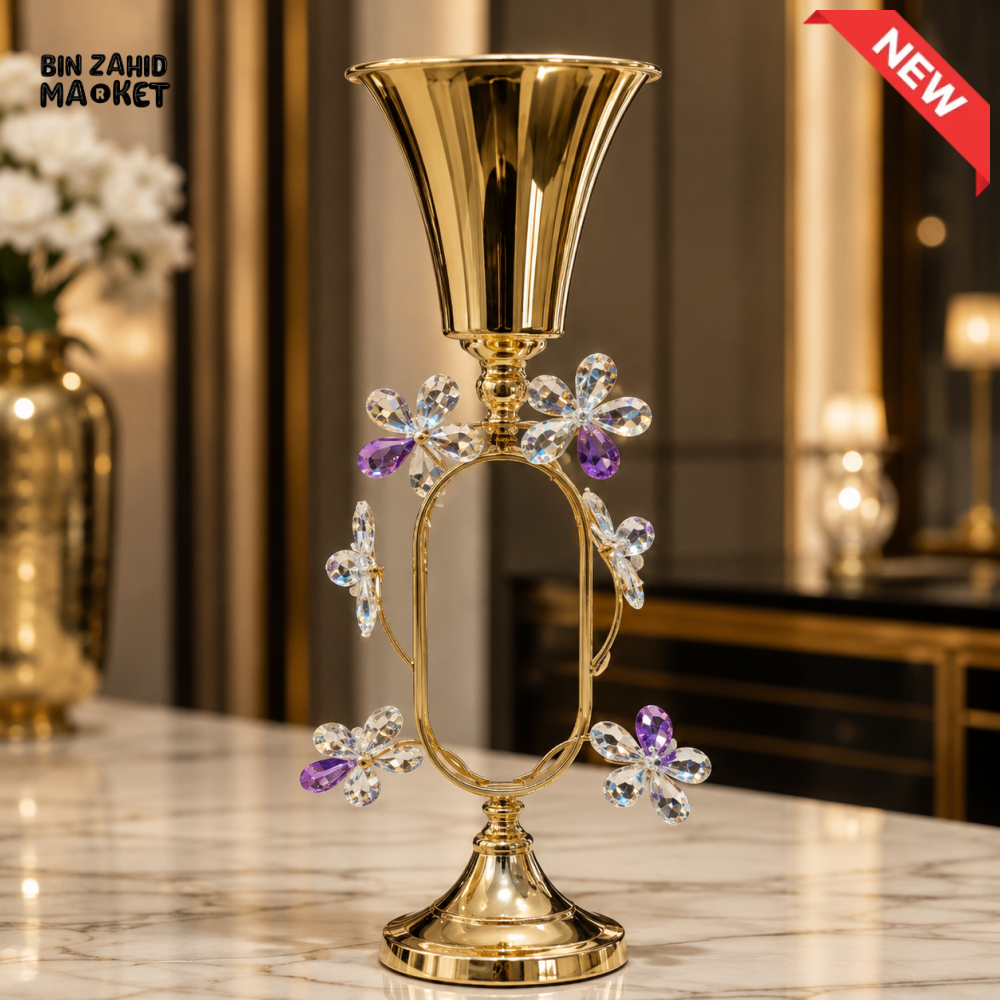 GOLD DECORATIVE VASE WITH CRYSTAL FLOWER ACCENTS
