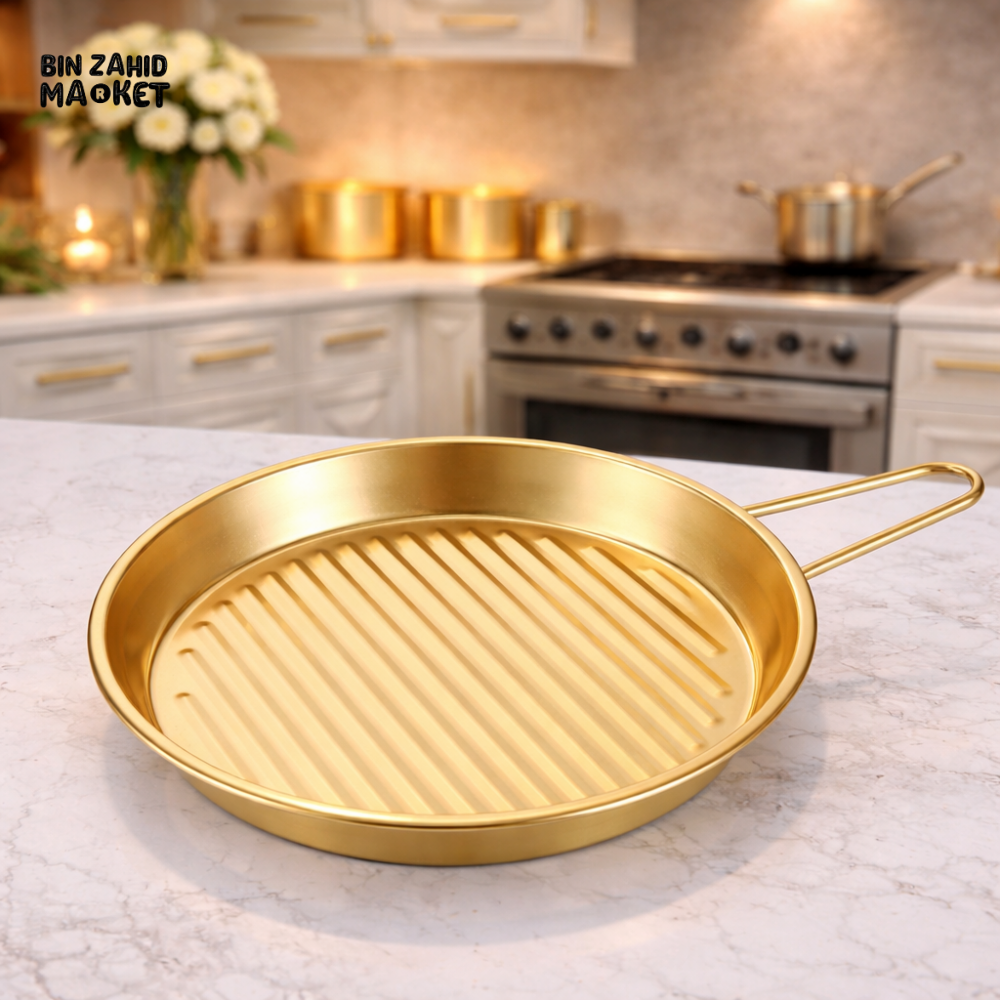 GOLD FINISH ROUND GRILL PAN WITH HANDLES – MODERN KITCHEN COOKWARE ESSENTIAL