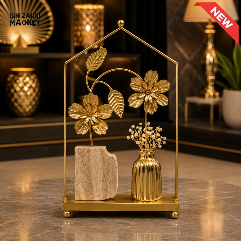 GOLD FLORAL HOUSE FRAME DECORATIVE SHOWPIECE WITH MINI VASE