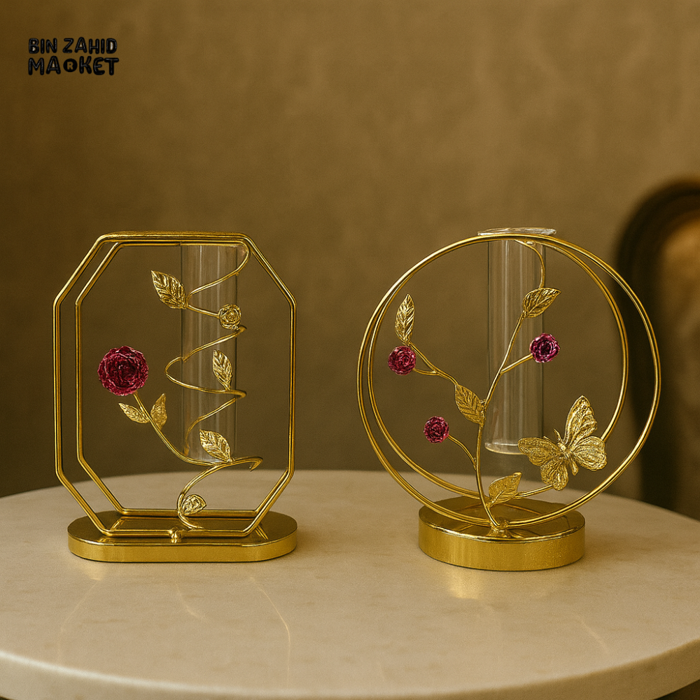 GOLD GEOMETRIC & ROUND FRAME VASE 1 PIECE – SINGLE-STEM GLASS TUBE