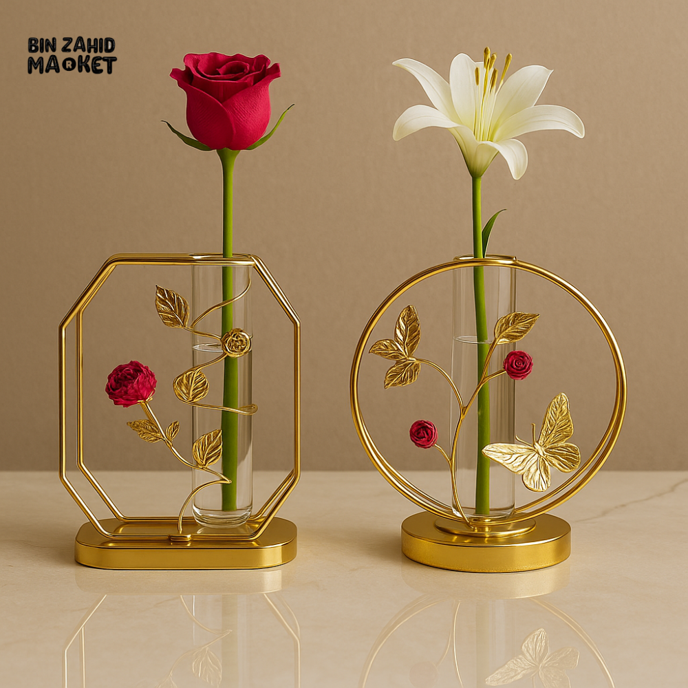 GOLD GEOMETRIC & ROUND FRAME VASE 1 PIECE – SINGLE-STEM GLASS TUBE