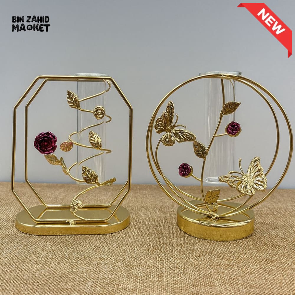 GOLD GEOMETRIC & ROUND FRAME VASE 1 PIECE – SINGLE-STEM GLASS TUBE