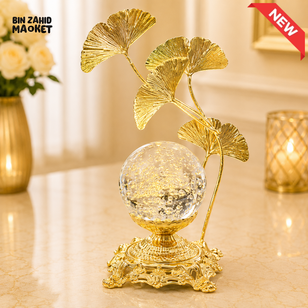 GOLD GINKGO LEAF CRYSTAL ORB TABLE DECOR