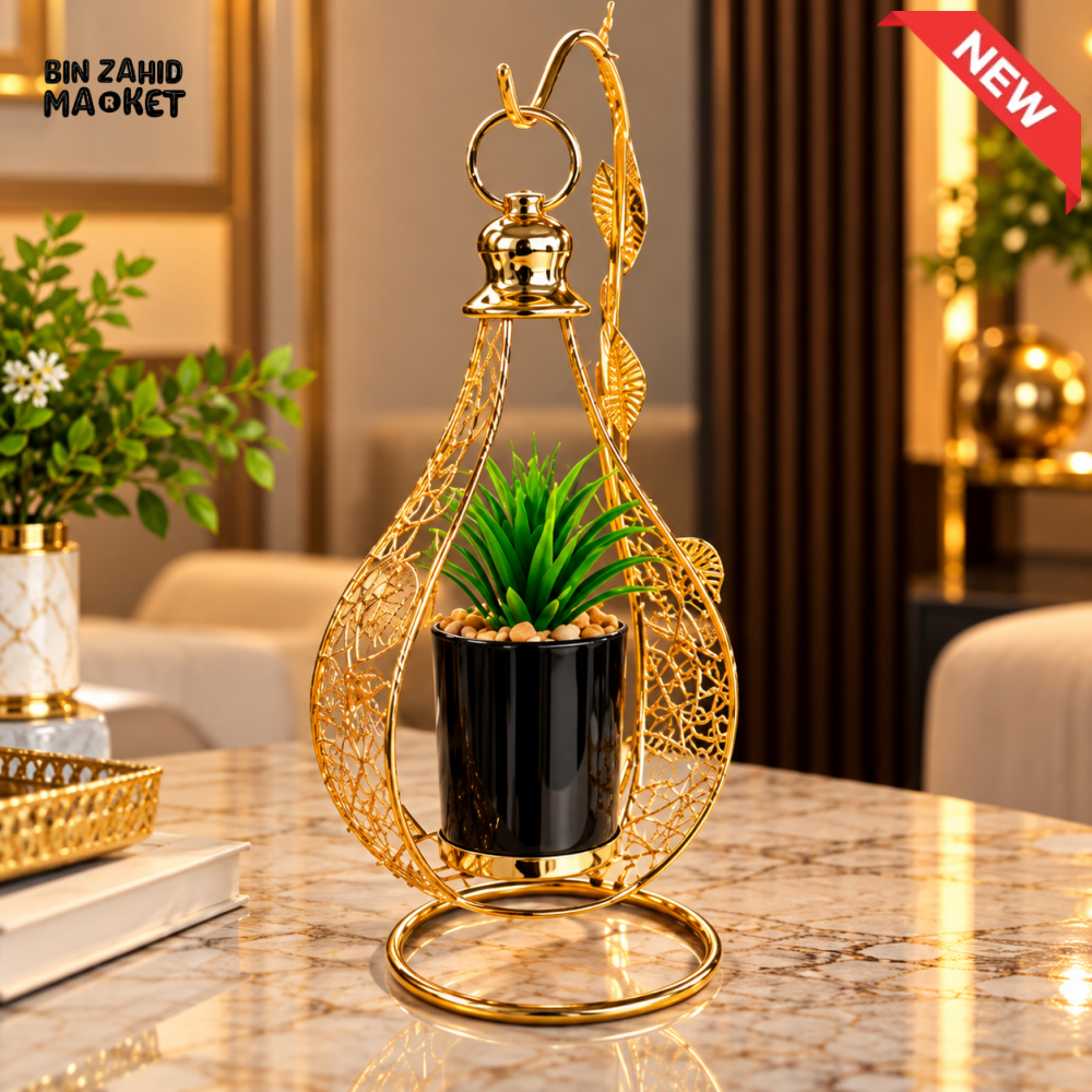 GOLD LANTERN STYLE DECORATIVE ARTIFICIAL PLANT HOLDER - Artificial Plants & Flowers