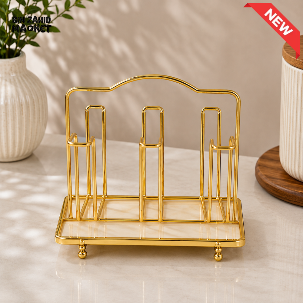 GOLD METAL CUP AND SAUCER HOLDER STAND WITH RECTANGULAR BASE