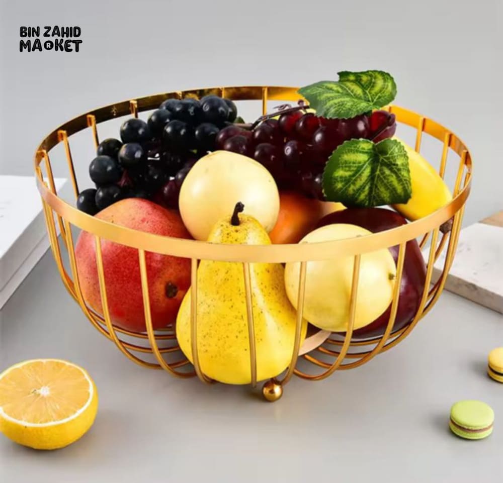 GOLD METAL FRUIT & BREAD BASKET – ROUND WIRE STORAGE BOWL
