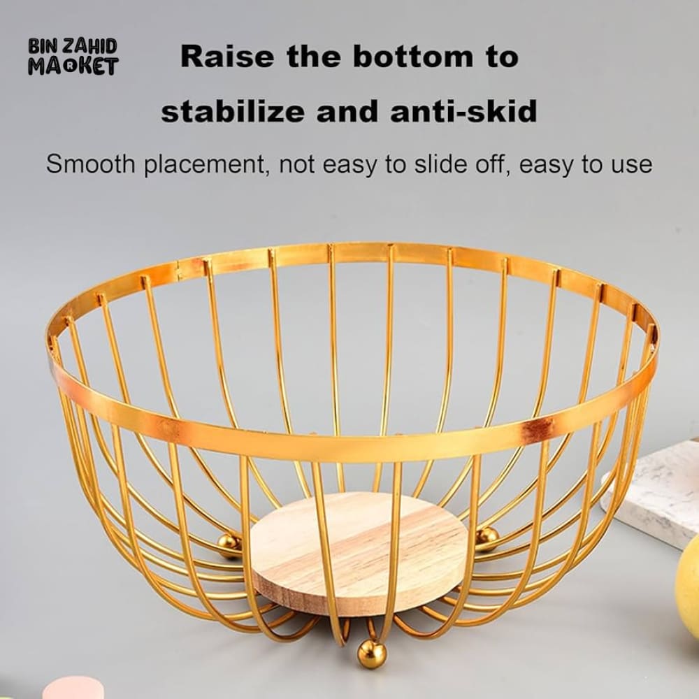 GOLD METAL FRUIT & BREAD BASKET – ROUND WIRE STORAGE BOWL