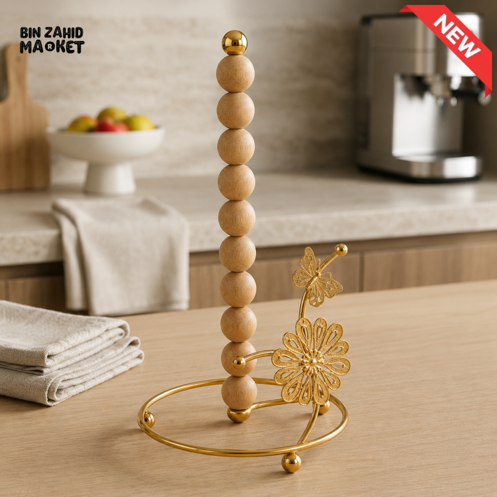 GOLD METAL PAPER TOWEL HOLDER WITH WOODEN BEADS AND FLORAL DESIGN