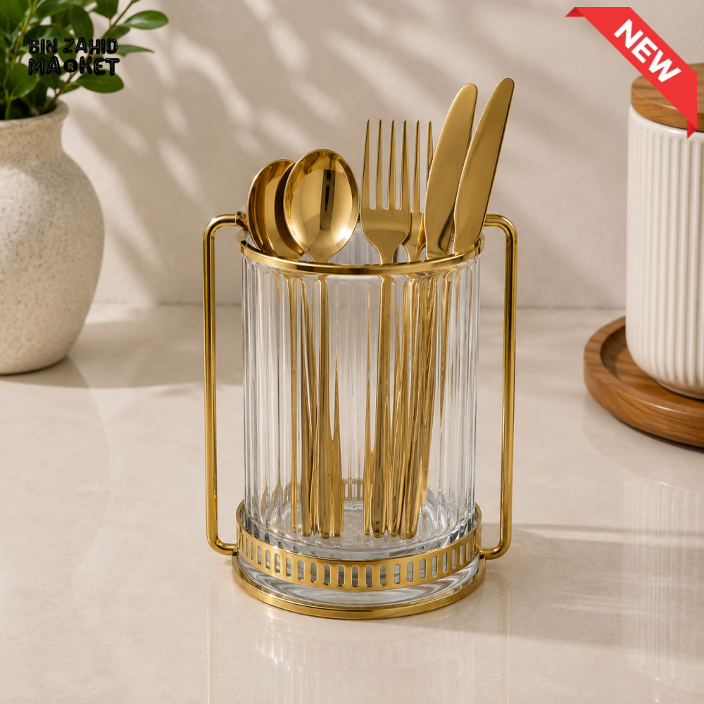 GOLD METAL SPOON AND CUTLERY HOLDER WITH RIBBED CLEAR CONTAINER