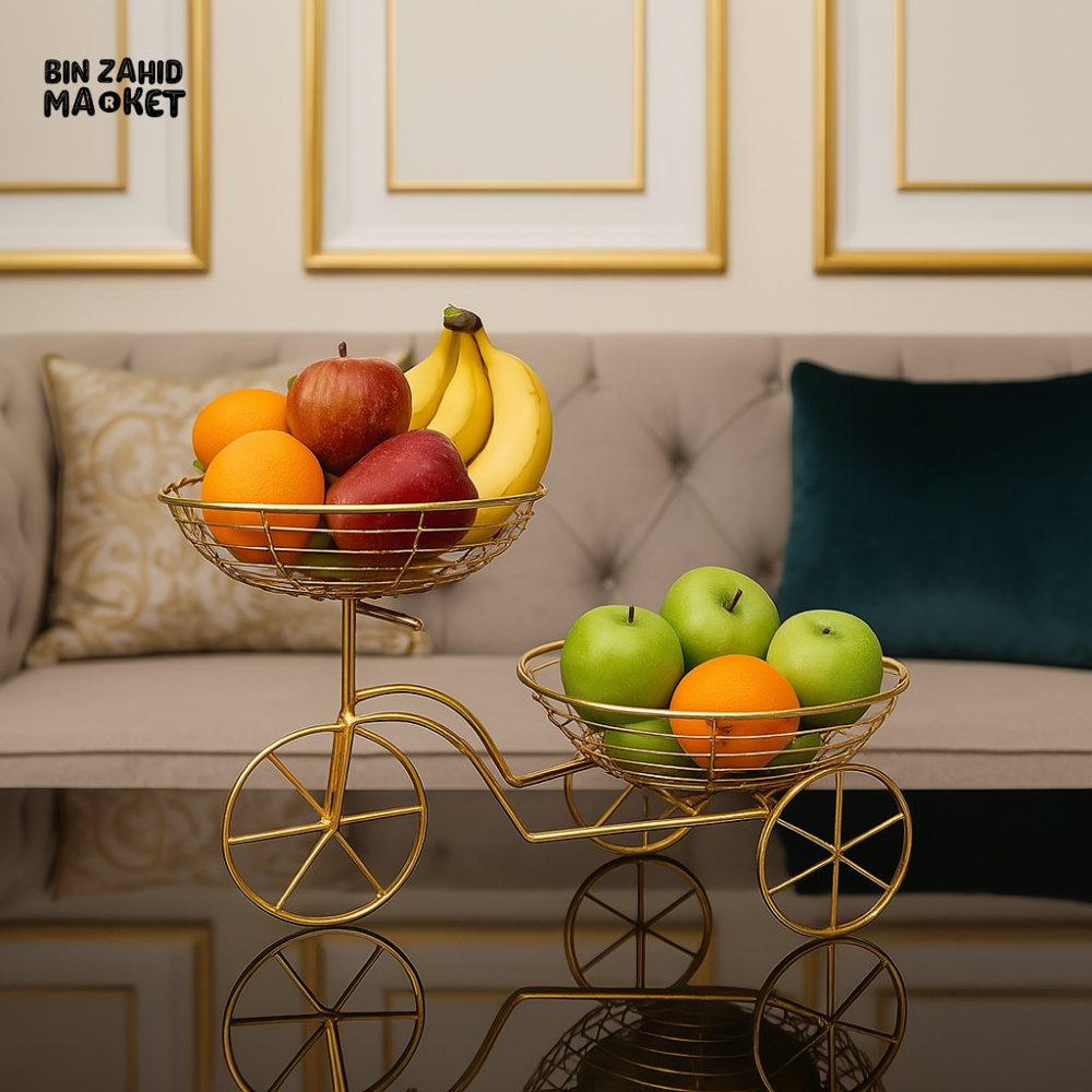 GOLD METAL TRICYCLE FRUIT BASKET DECOR – LUXURY TABLETOP CENTERPIECE WITH FRUITS