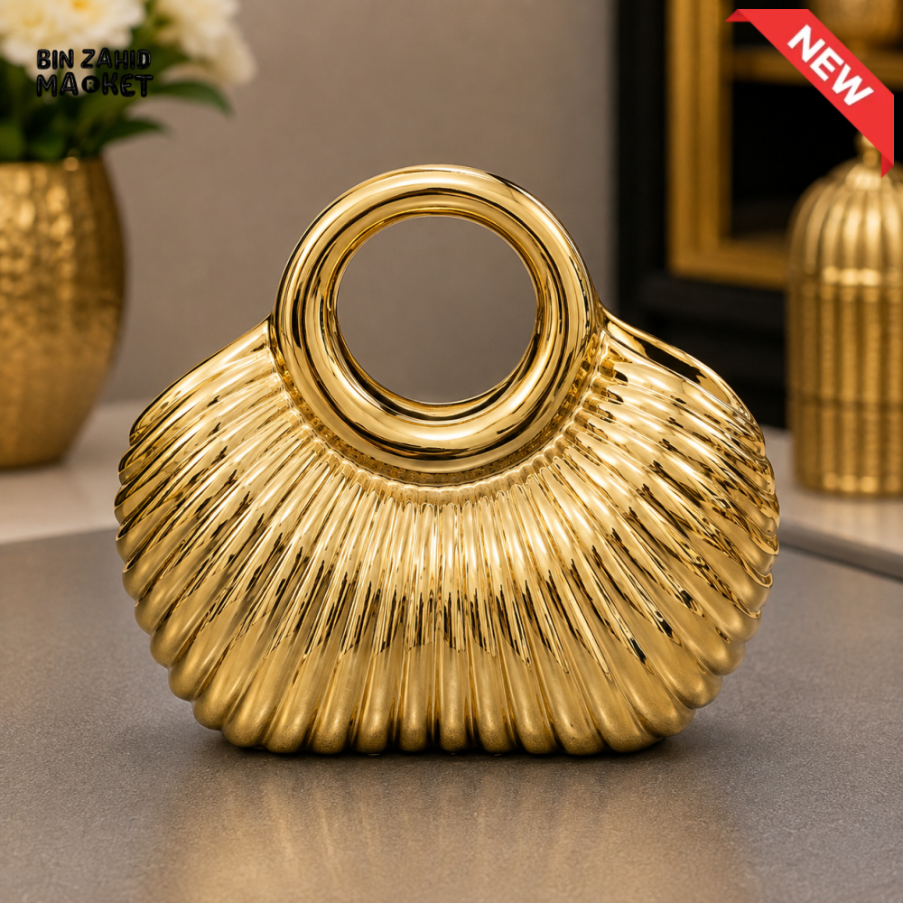GOLD RIBBED HANDBAG SHAPED DECORATIVE SHOWPIECE