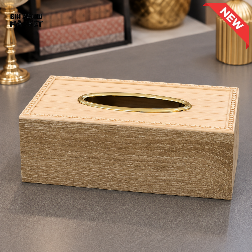 GOLD RIM WOOD LOOK RECTANGULAR TISSUE BOX